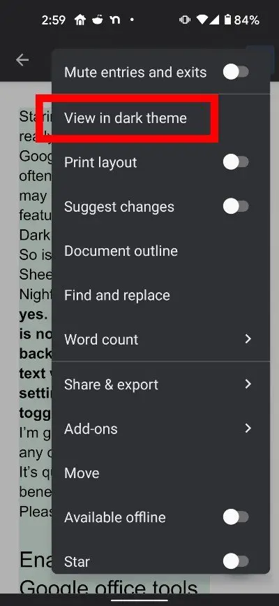 Android dark theme button in the app settings