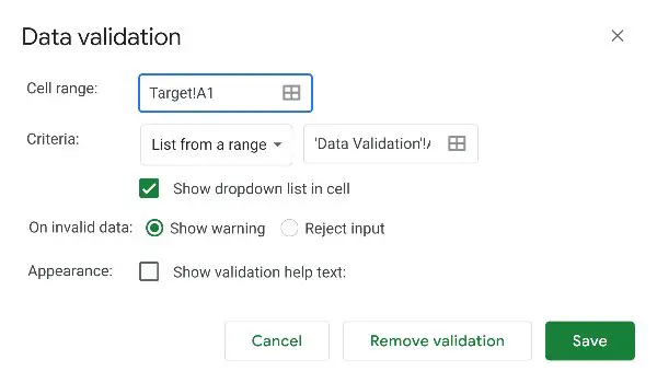 Data validation window in Google Sheets