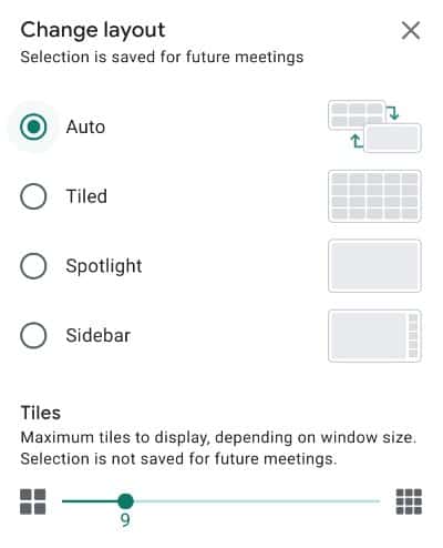 Google Meet layout options including spotlight