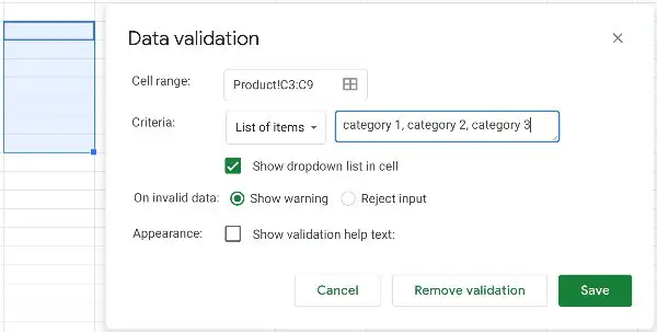 Google Sheets data validation list items