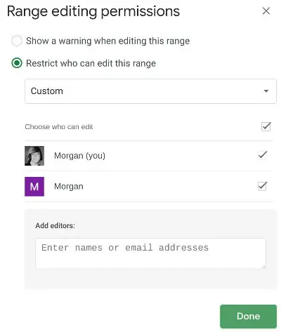 Google Sheets range editing permissions