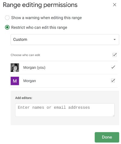 Google Sheets range editing permissions