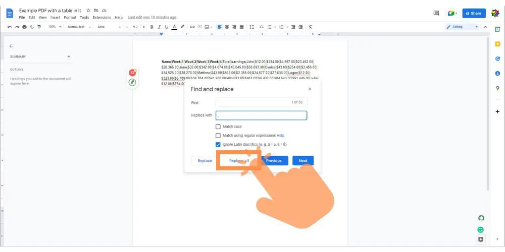 click on replace all in the find function of google docs - techguidecentral.com