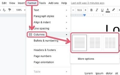 Google Docs - Creating columns from the format menu