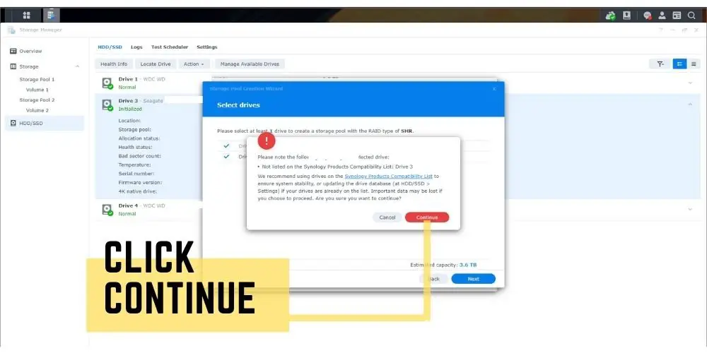 Step 10 Synology Storage pool creation wizard click continue if you get a warning - TechGuideCentral.com