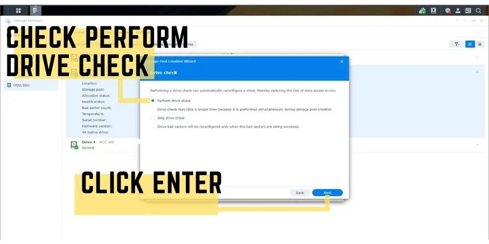 Step 11 Synology Storage pool creation wizard check perform drive check and click enter - TechGuideCentral.com