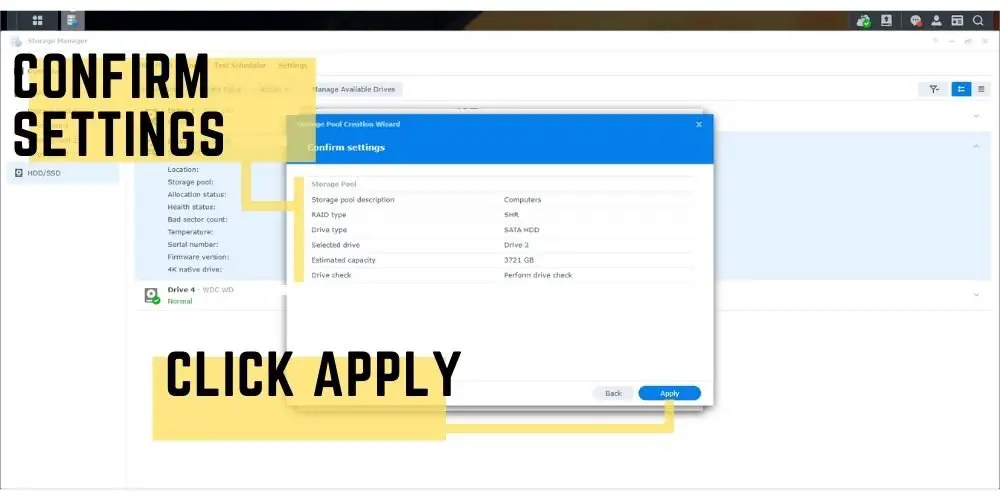 Step 12 Synology Storage pool creation wizard confirm settings and click apply - TechGuideCentral.com