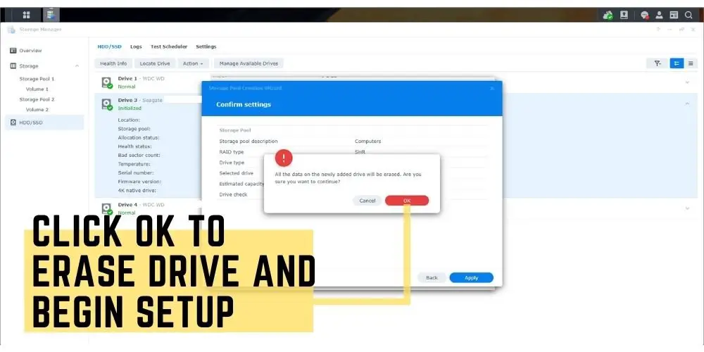 Step 13 Synology Storage pool creation wizard click ok to erase drive and begin setup - TechGuideCentral.com