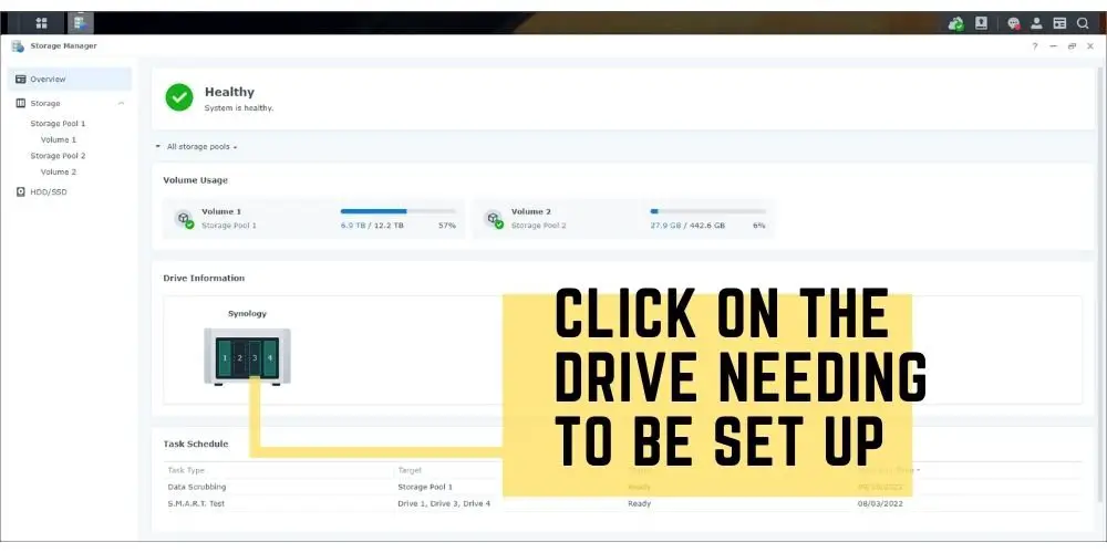 Step 4 Synology Storage Manager click on the drive needing set up - TechGuideCentral.com