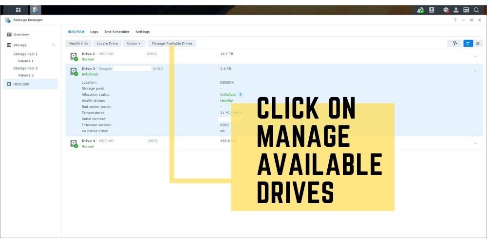 Step 5 Synology Storage Manager click on manage available drives - TechGuideCentral.com