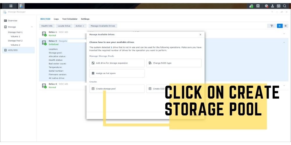 Step 6 Synology Manage Available Drives click on create storage pool - TechGuideCentral.com