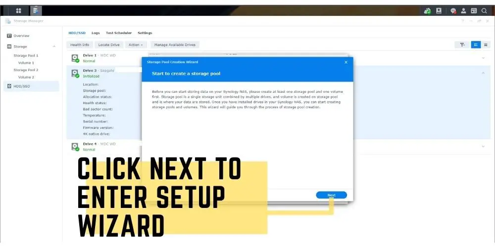 Step 7 Synology Storage pool creation wizard click next to enter setup wizard - TechGuideCentral.com