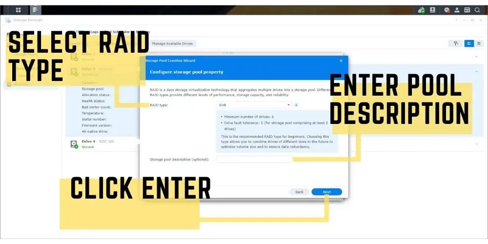 Step 8 Synology Storage pool creation wizard select raid type and type in pool description - TechGuideCentral.com