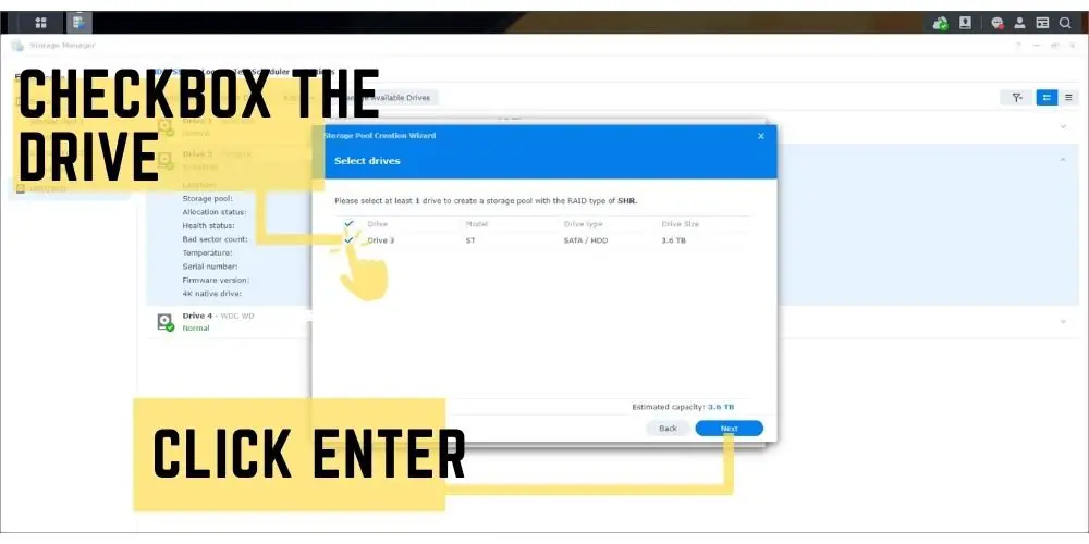 Step 9 Synology Storage pool creation wizard checkbox the drive you want to set up - TechGuideCentral.com